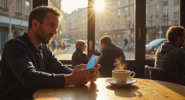 Een man scrollt op zijn smartphone in een café in Brussel.