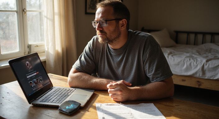 Een middelbare man concentreert zich op een datingprofiel op zijn laptop.