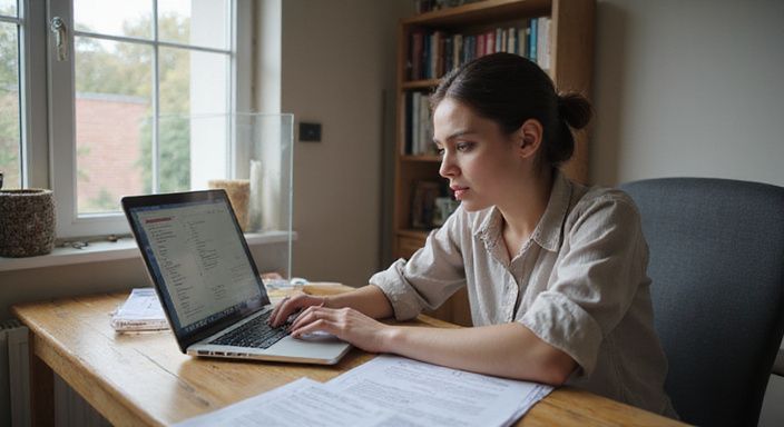 Een jonge vrouw werkt geconcentreerd aan haar laptop in een thuiskantoor.